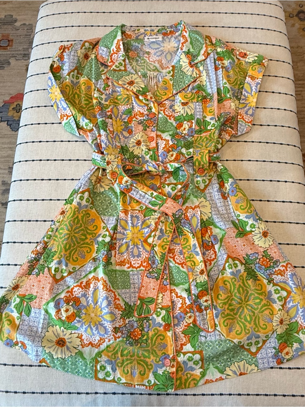 Floral Patchwork Button-Front Dress with Belt - Green/Orange/Yellow